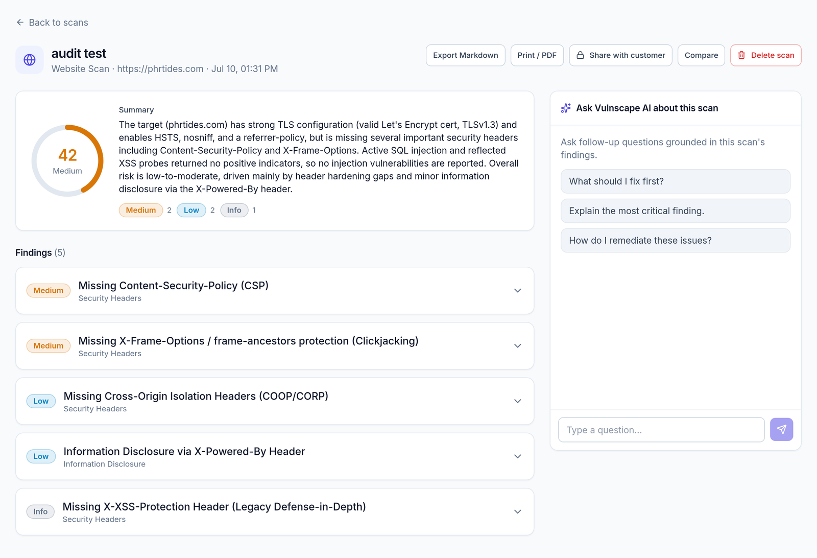 Every finding ranked by severity with a fix — ask Vulnscape AI what to tackle first.